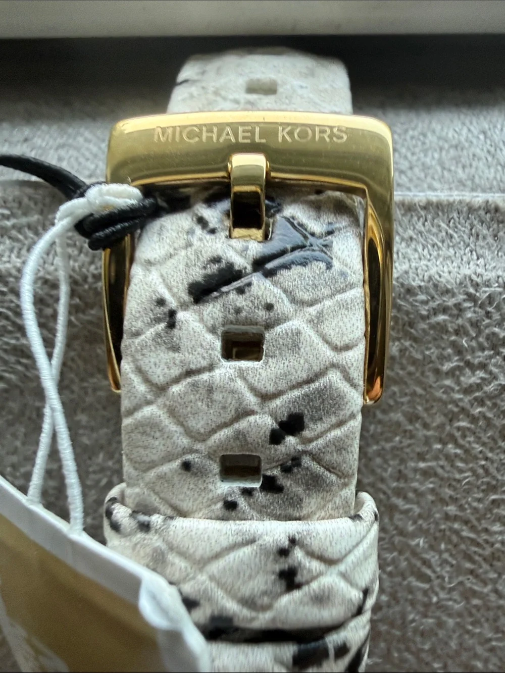 Michael Kors Gold-Tone Square Face Watch with Black & White Snake-Print Strap